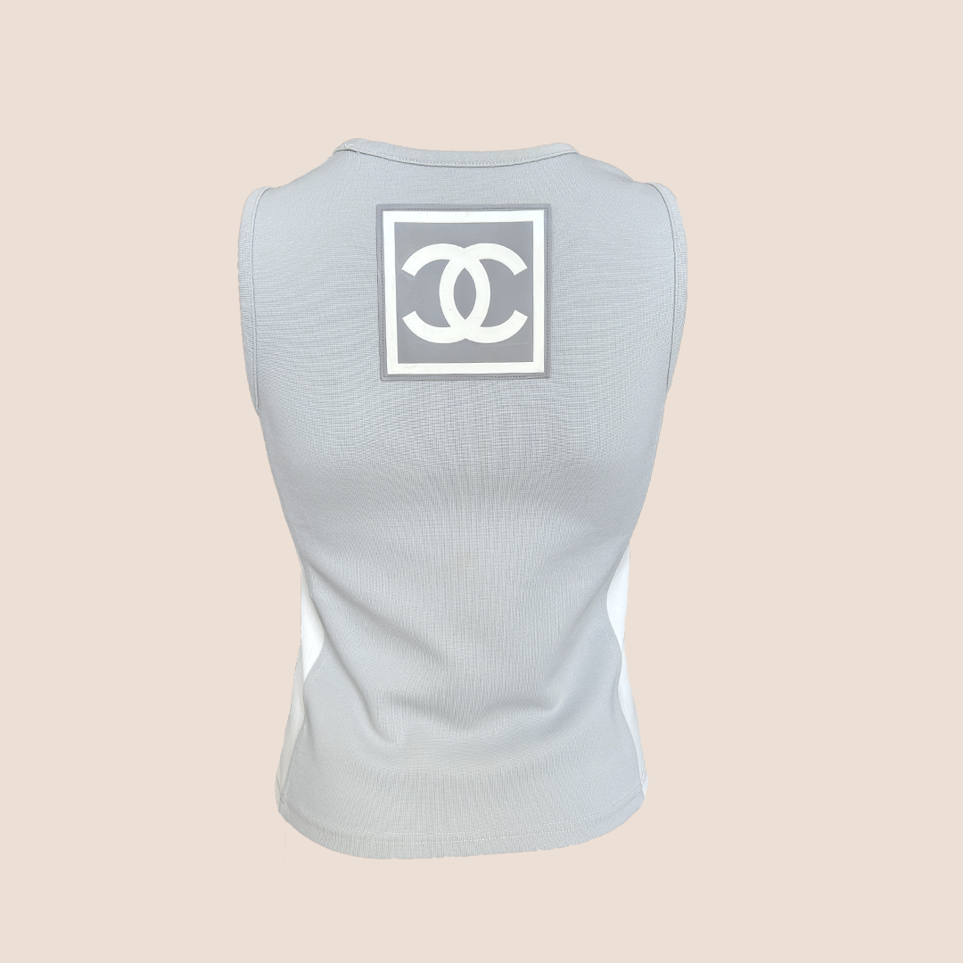 CHANEL SS 2001 GREY & WHITE CC LOGO BACK SLEEVELESS TOP – RDB CHANEL SS 2001 GREY & WHITE CC LOGO BACK SLEEVELESS TOP – RDB