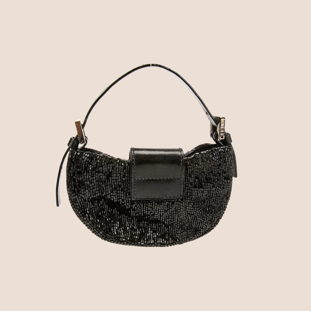 FENDI 2000 BLACK BEADED GLITTER FF LOGO MINI CROISSANT BAG