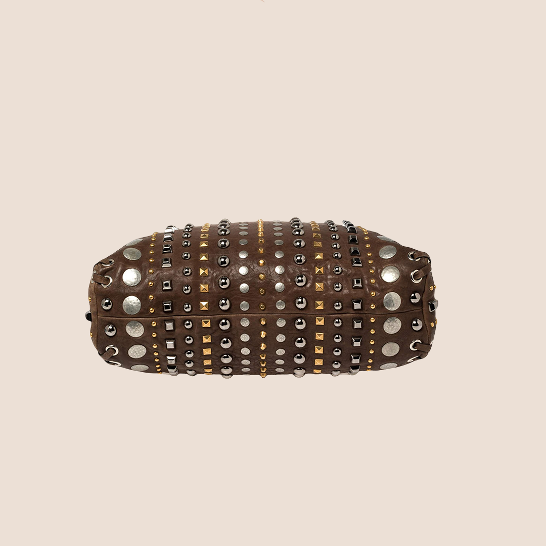 MIU MIU BROWN LEATHER STUDDED TOTE BAG