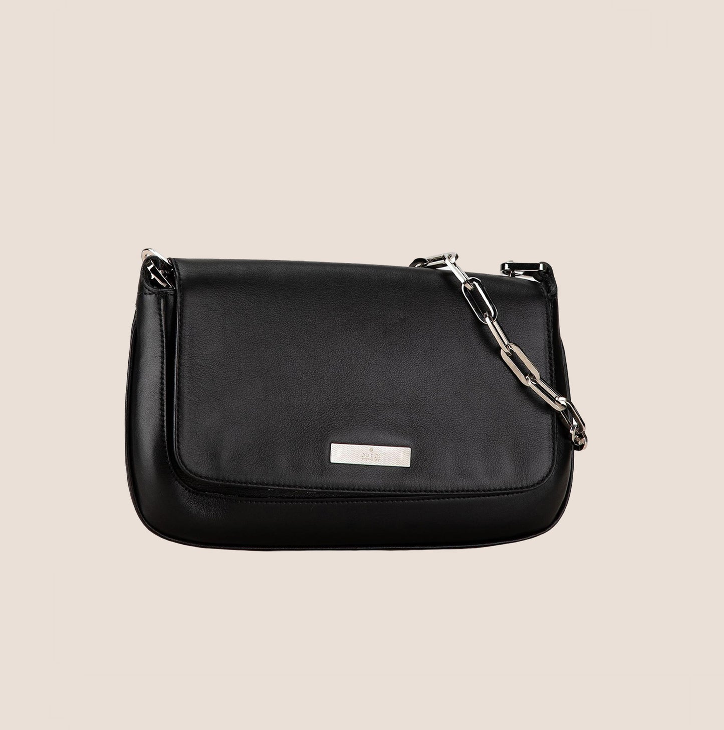 GUCCI 2002 BLACK LEATHER CHAIN FLAP BAG