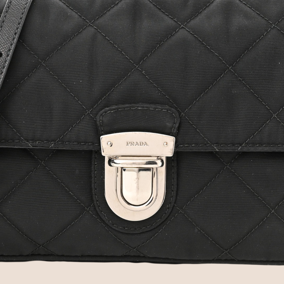 PRADA BLACK NYLON TESSUTO IMPUNTU QUILTED FLAP BAG