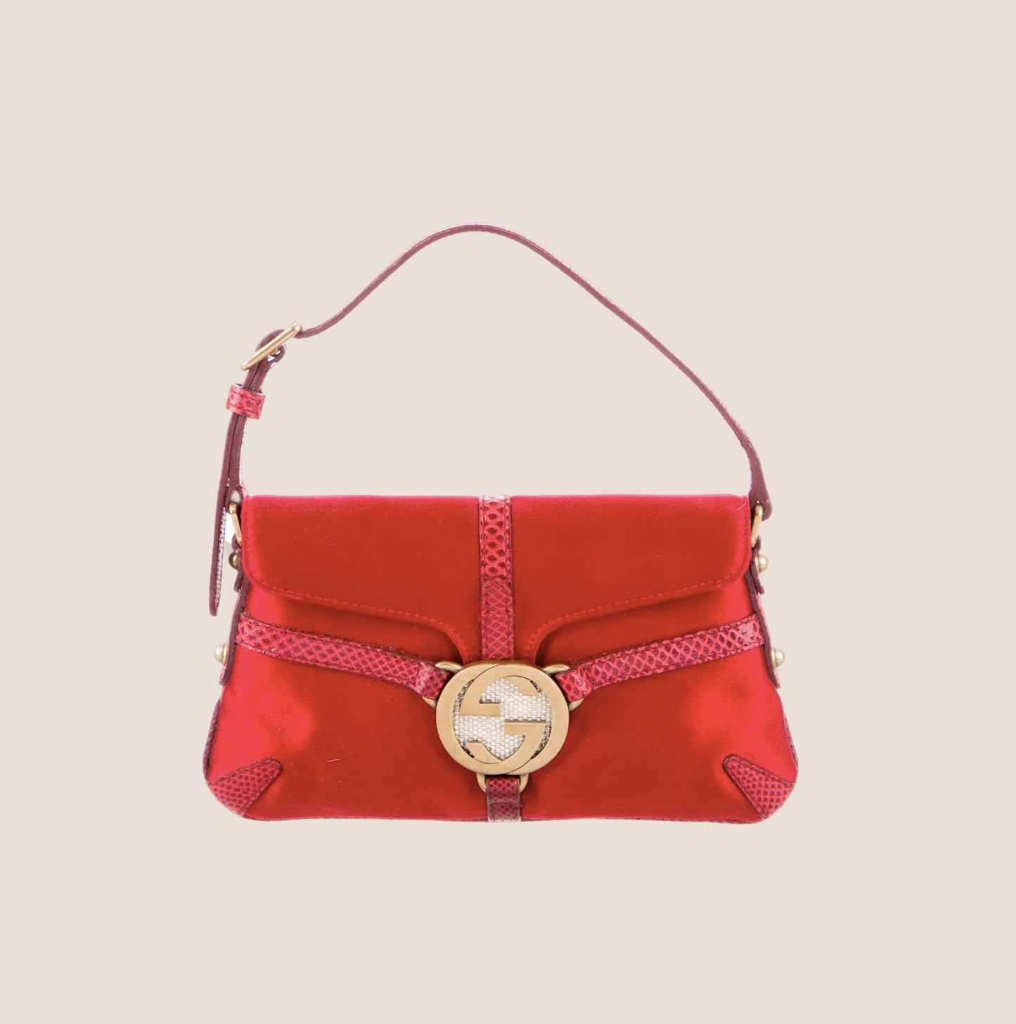 GUCCI RED LIZARD SATIN REINS LOGO EVENING BAG