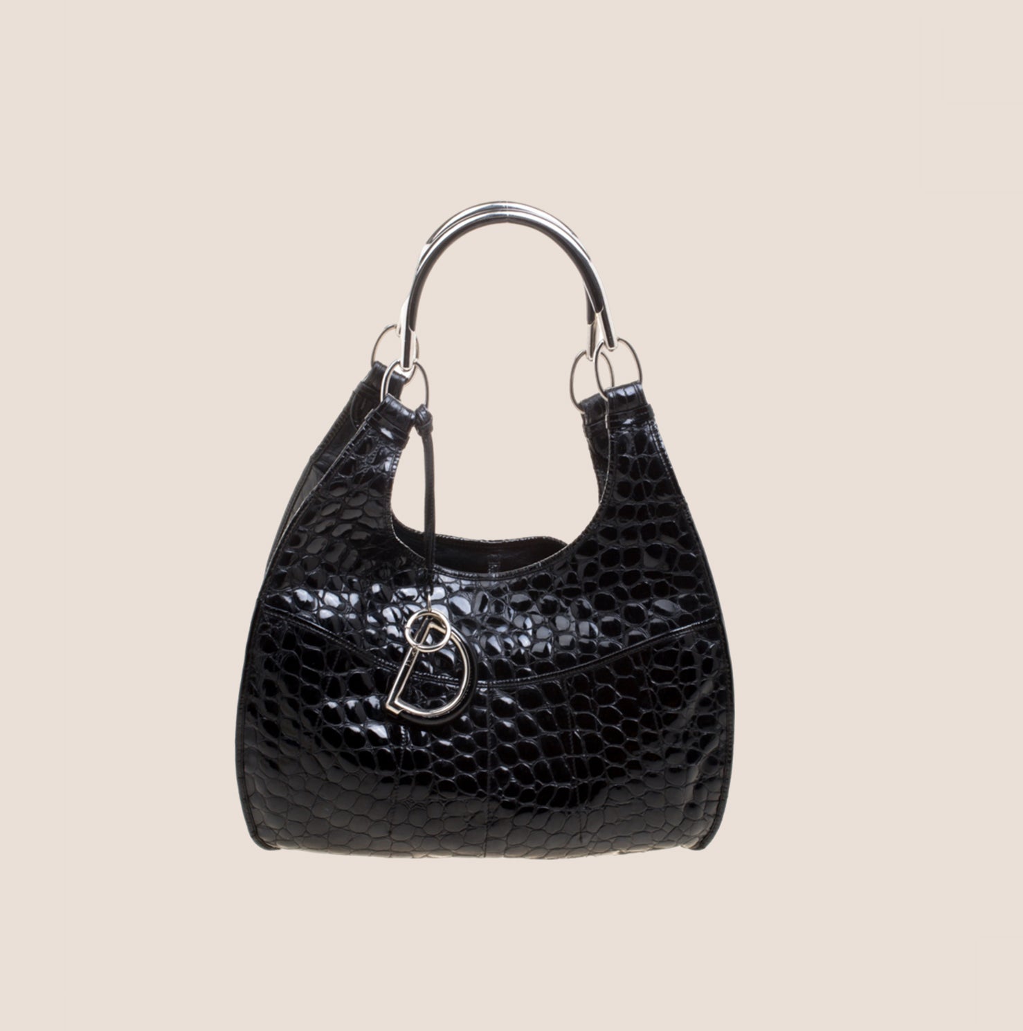 CHRISTIAN DIOR BLACK CROC EMBOSSED PATENT LEATHER TOTE BAG – RDB