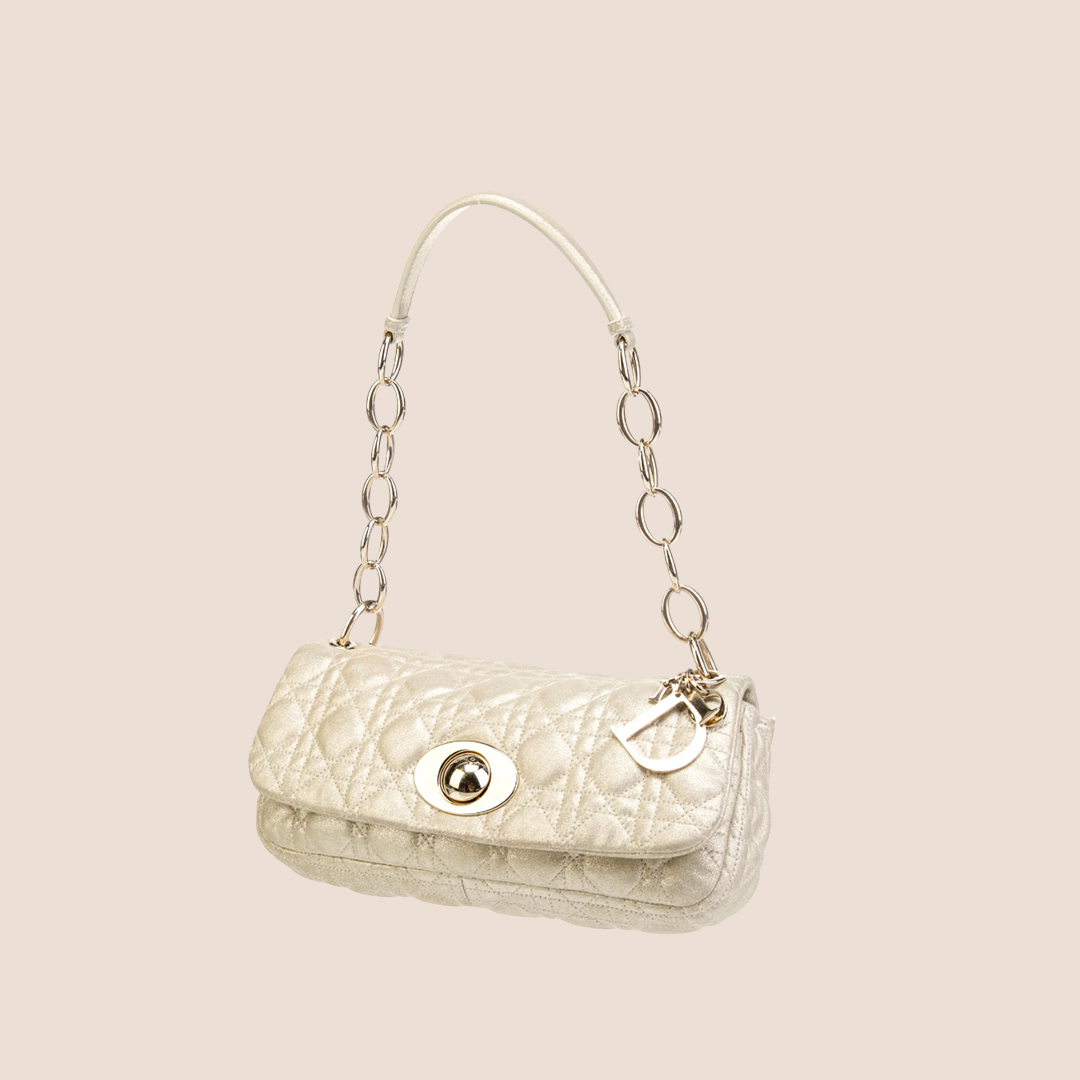 CHRISTIAN DIOR SILVER GLITTER CANNAGE RENDEZ-VOUS BAGUETTE BAG
