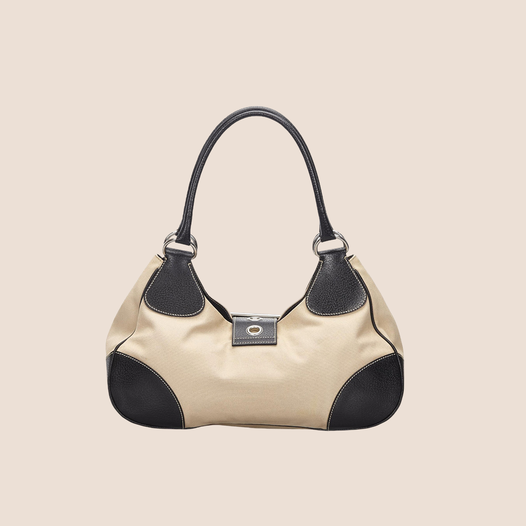 PRADA BEIGE & BROWN NYLON & LEATHER BUCKLE MOON BAG