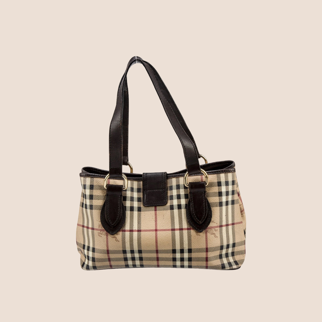 BURBERRY HAYMARKET CHECK BUCKLE TOTE BAG