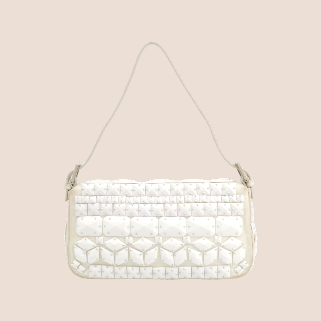 FENDI 2000 WHITE LEATHER EMBELLISHED BAGUETTE BAG