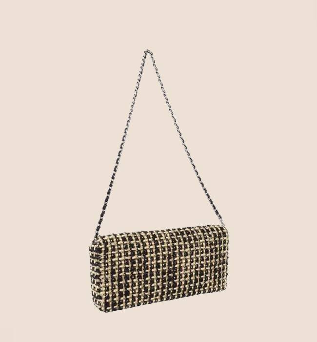 CHANEL BLACK TWEED EAST WEST CHOCO BAR BAG