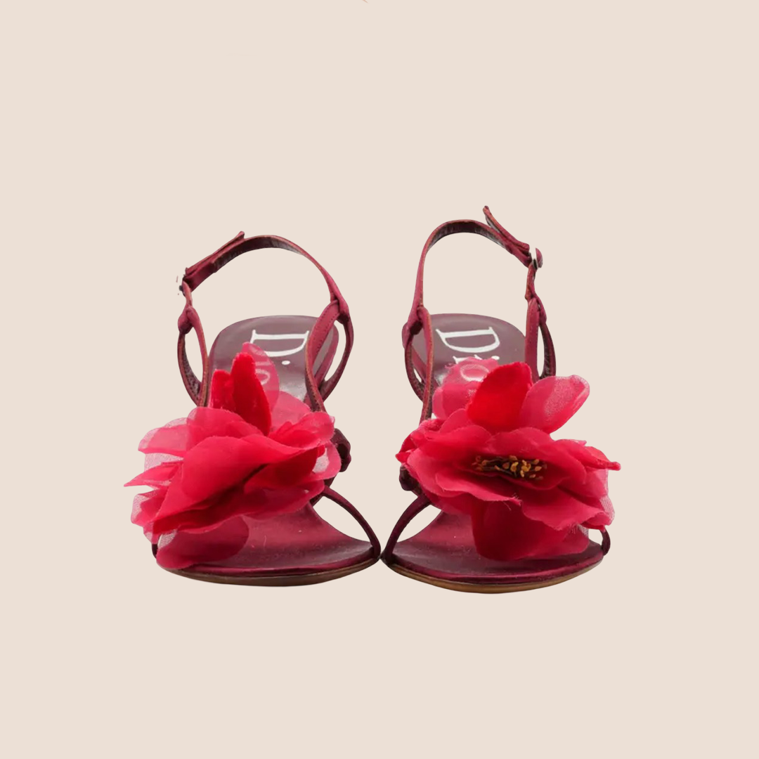 CHRISTIAN DIOR 2000 BURGUNDY SATIN FLOWER SANDALS – RDB