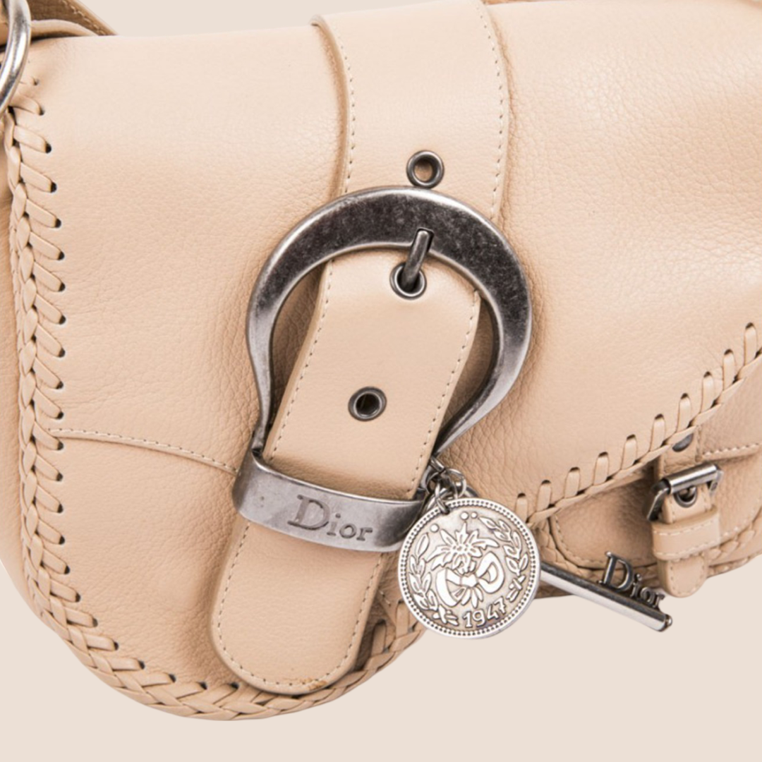 CHRISTIAN DIOR BEIGE PEBBLED CALFSKIN MINI GAUCHO CROSSBODY BAG