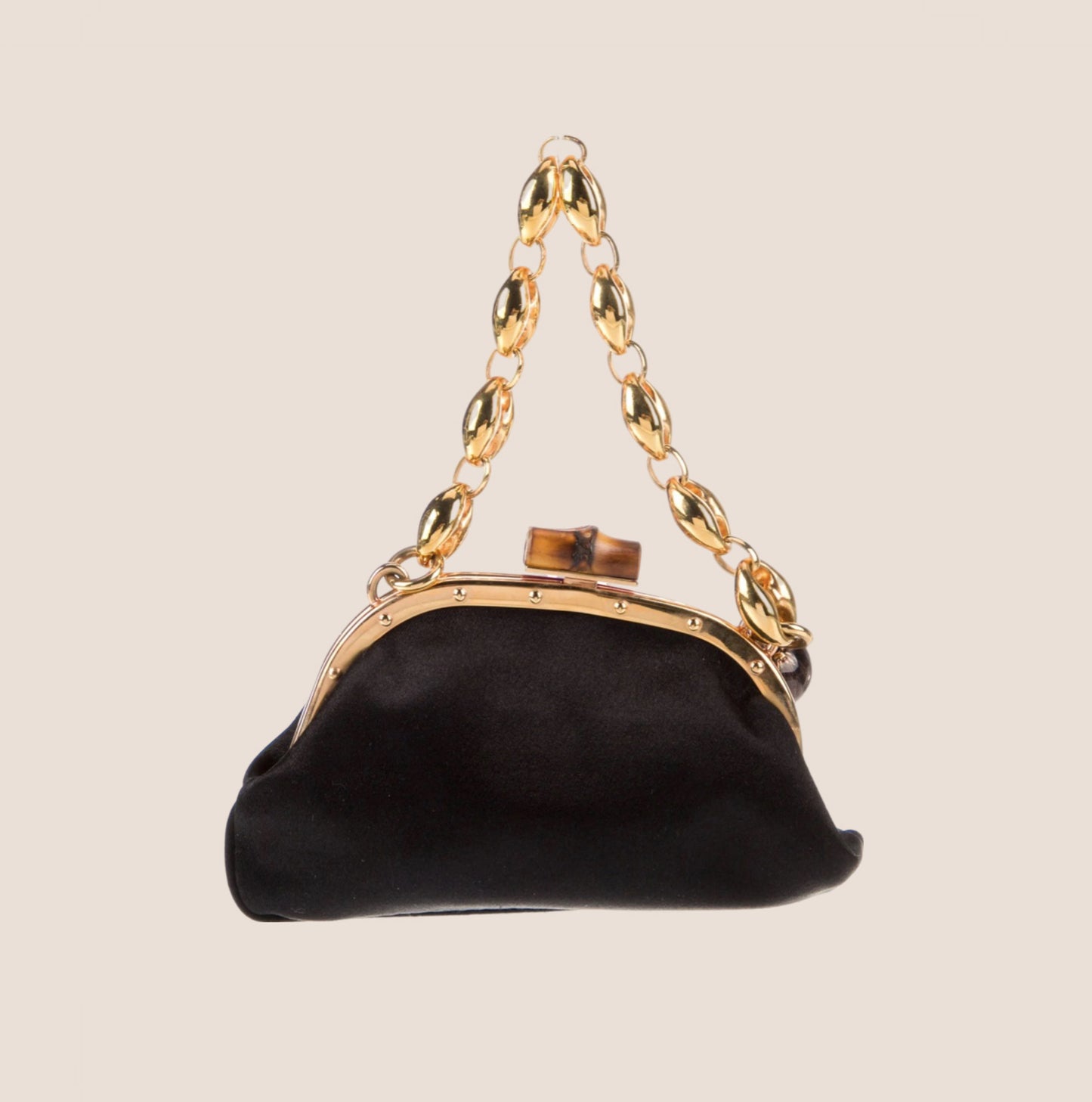 GUCCI BLACK SATIN FLOWER EMBELLISHED BAMBOO LOCK MINI CHAIN CLUTCH