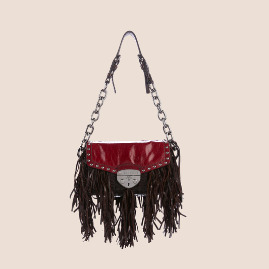 PRADA BURGUNDY & BROWN LEATHER FRINGE SHOULDER BAG