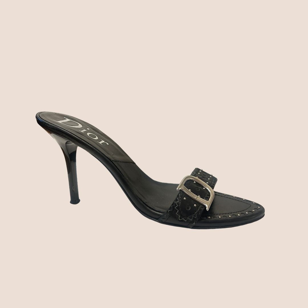 CHRISTIAN DIOR 2001 BLACK STUDDED STRAP MULES