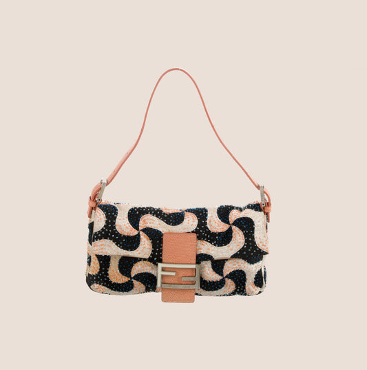 FENDI LIZARD-TRIMMED BEADED SWIRL BAGUETTE BAG