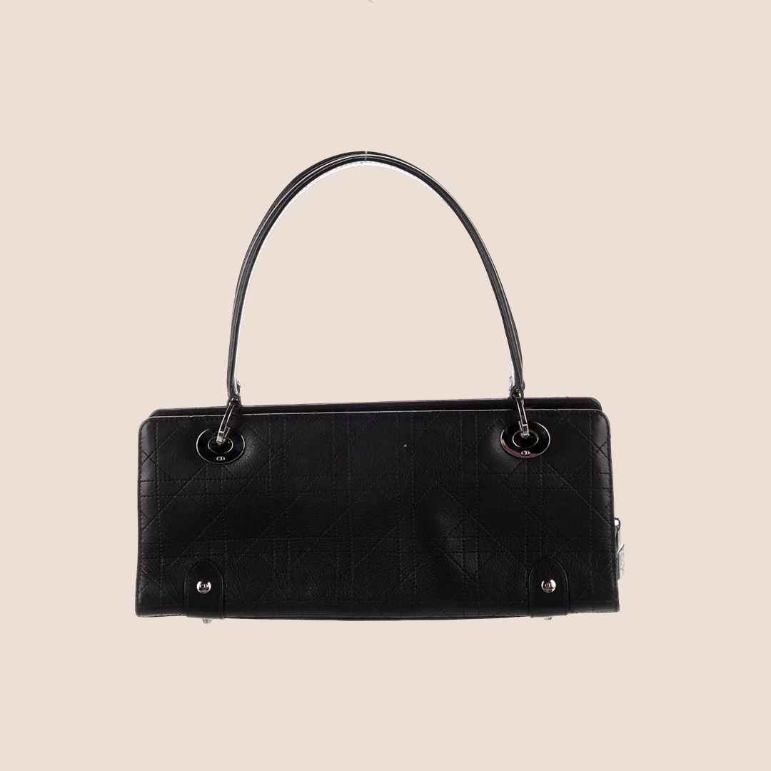 CHRISTIAN DIOR BLACK LEATHER CANNAGE EAST WEST LADY DIOR TOTE BAG