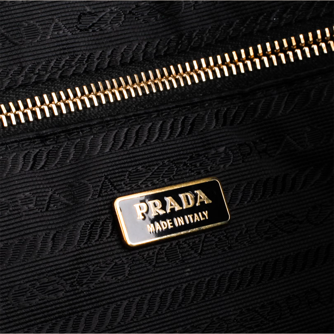 PRADA BLACK LEATHER GROMMET FLAT TOTE BAG