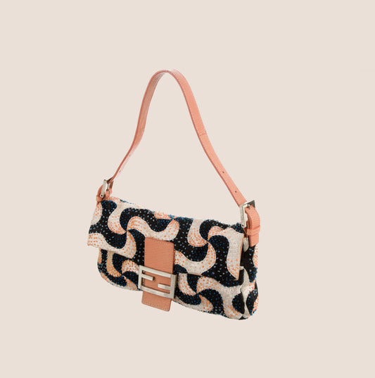 FENDI LIZARD-TRIMMED BEADED SWIRL BAGUETTE BAG