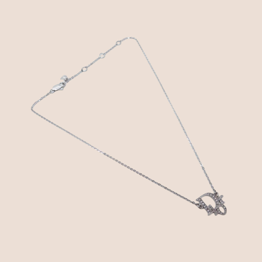 CHRISTIAN DIOR 2000 SILVER RHINESTONE LOGO NECKLACE