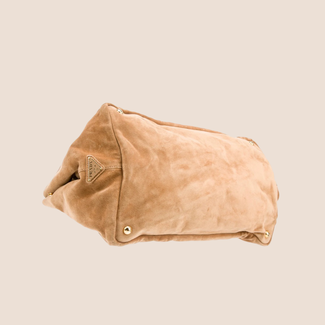 PRADA BROWN SCAMOSCIATO SUEDE EMBOSSSED LOGO TOTE