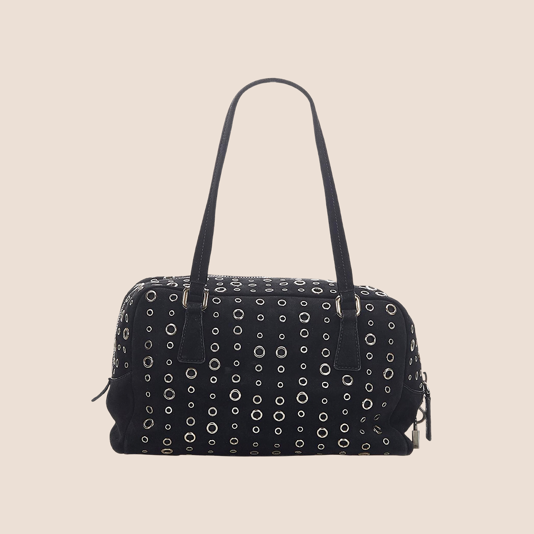 PRADA BROWN LEATHER GROMMET BOWLER BAG