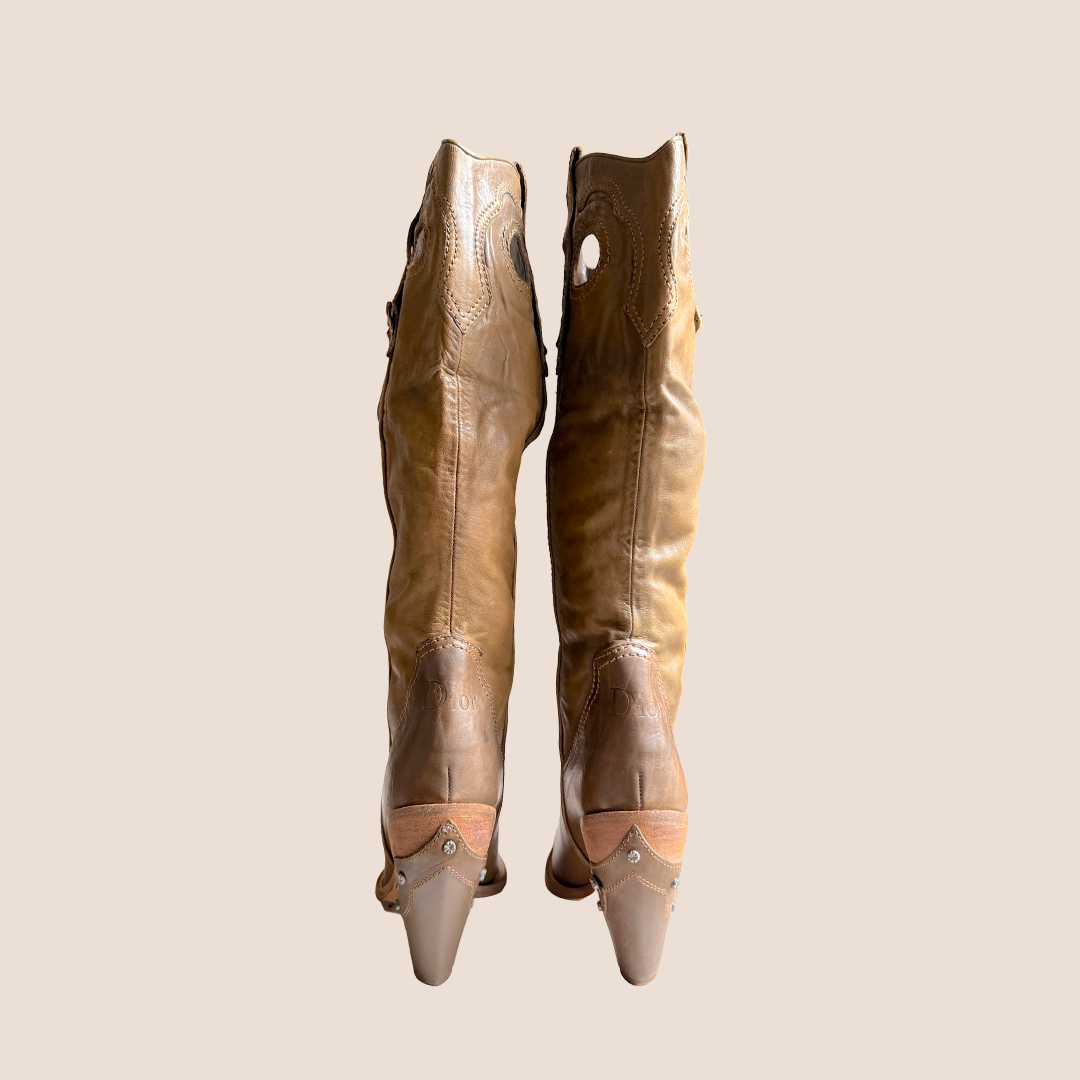 CHRISTIAN DIOR KHAKI LEATHER WESTERN COWBOY BOOTS