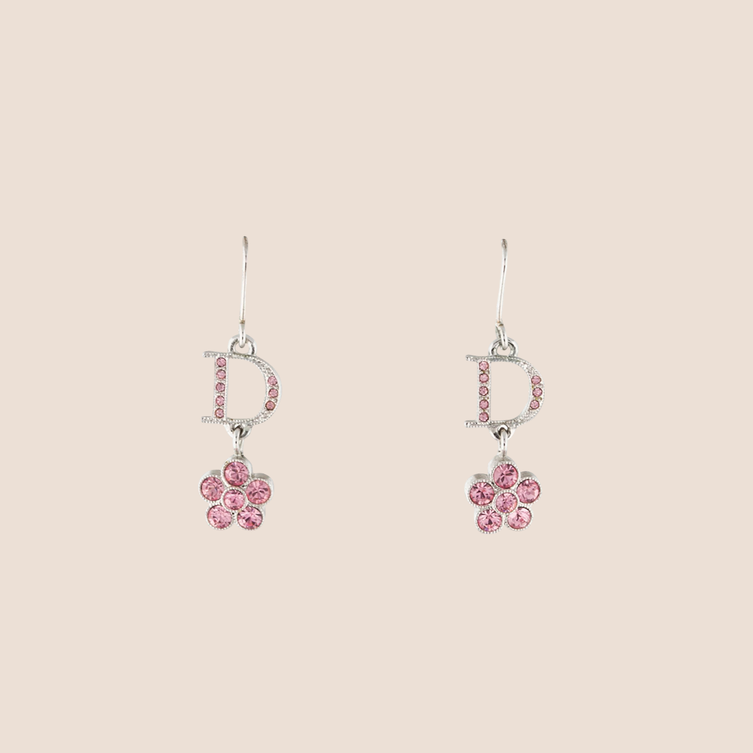 CHRISTIAN DIOR PINK CRYSTAL FLOWER DANGLE EARRINGS