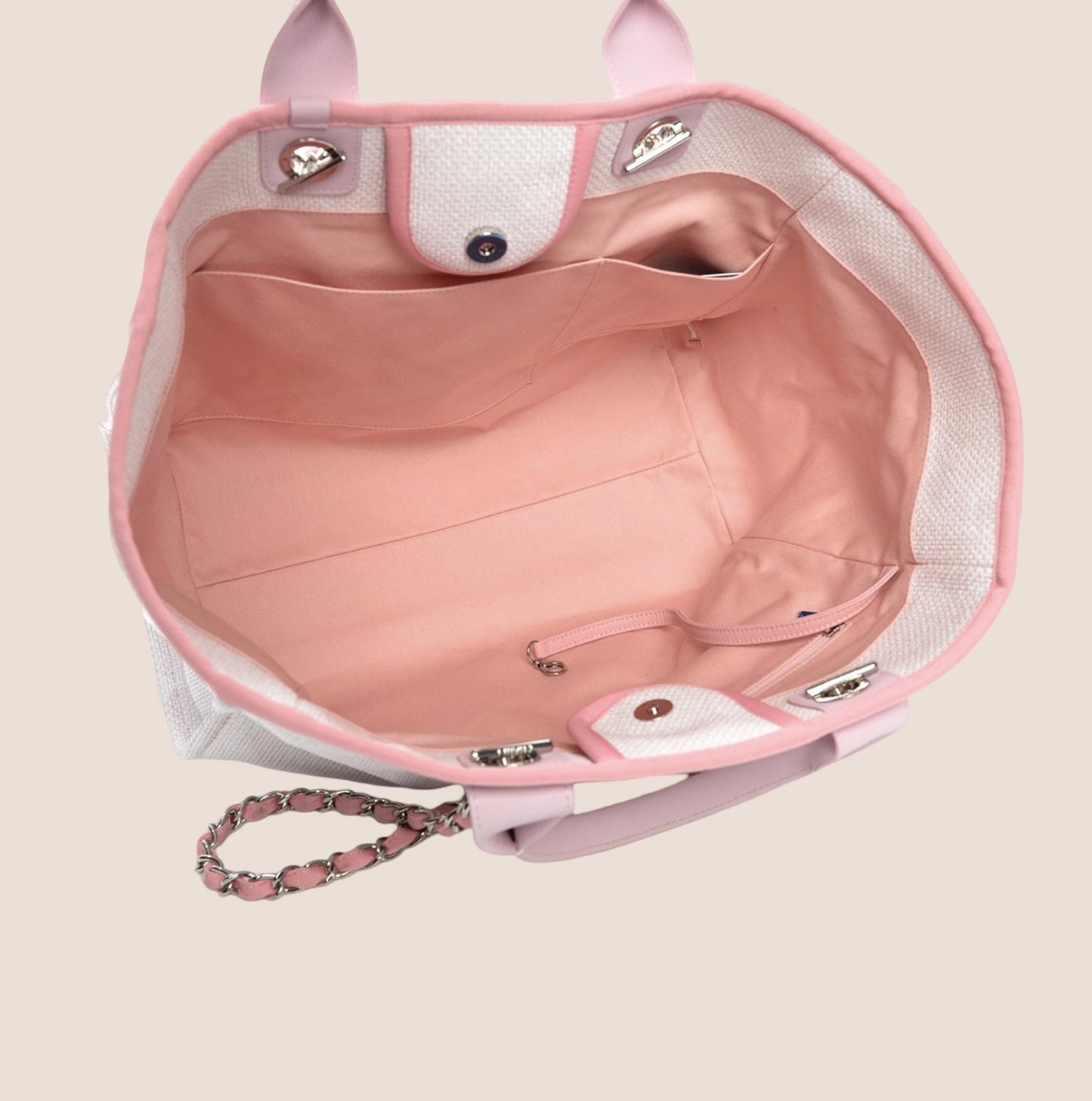 CHANEL PINK & BEIGE CANVAS DEAUVILLE TOTE BAG