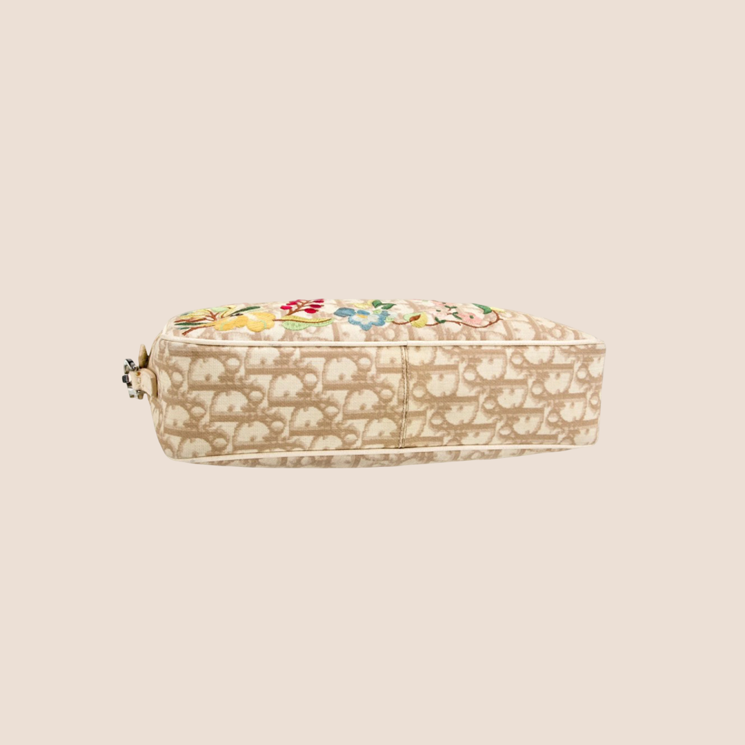 CHRISTIAN DIOR 2005 BEIGE TROTTER EMBROIDERED FLOWERS CROSSBODY BAG