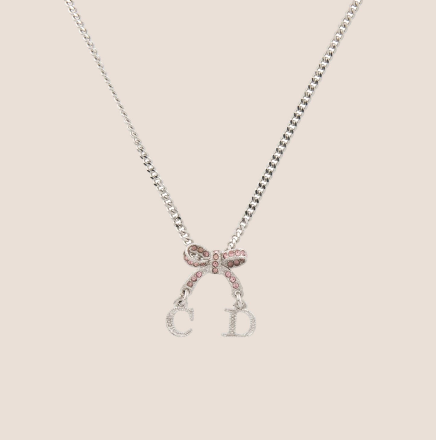 CHRISTIAN DIOR PINK CRYSTAL INITIAL BOW PENDANT NECKLACE