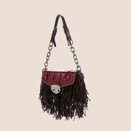 PRADA BURGUNDY & BROWN LEATHER FRINGE SHOULDER BAG