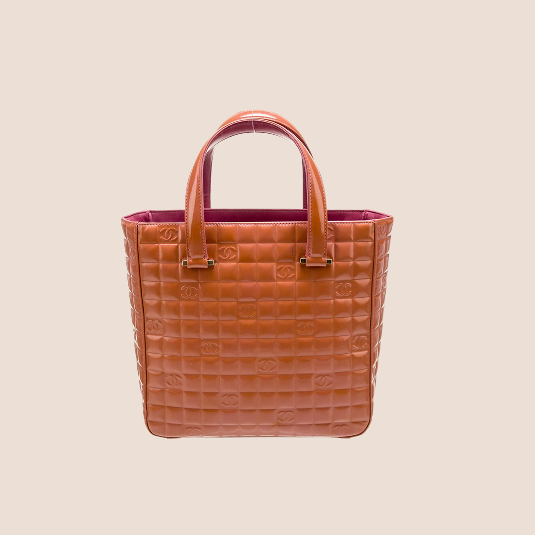 CHANEL PATENT ORANGE CHOCOLATE TOTE BAG