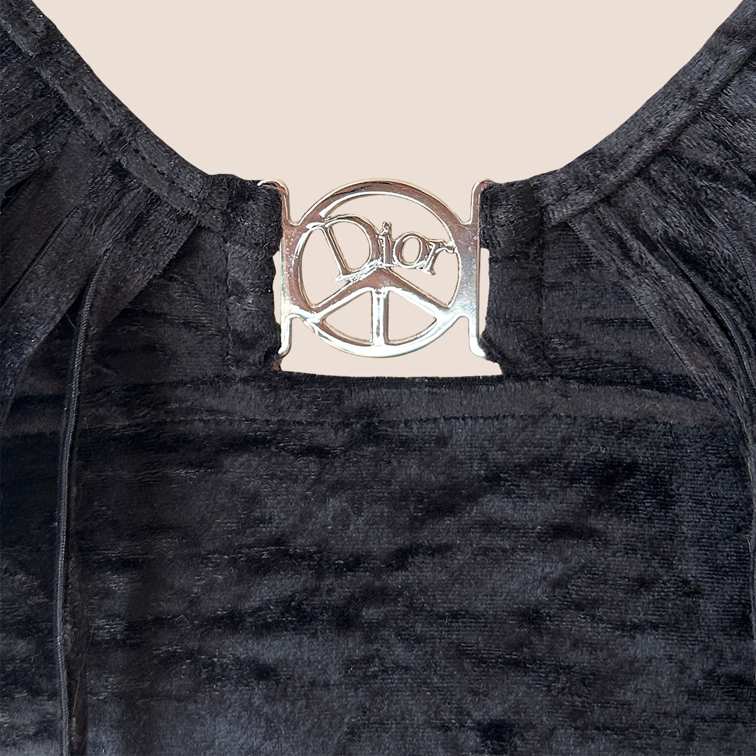 CHRISTIAN DIOR 2005 BLACK VELVET "PEACE & LOVE" FRINGE TOP