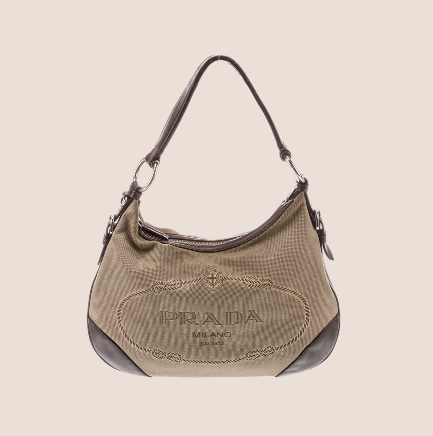 PRADA BEIGE & BROWN JACQUARD LOGO LARGE HOBO BAG
