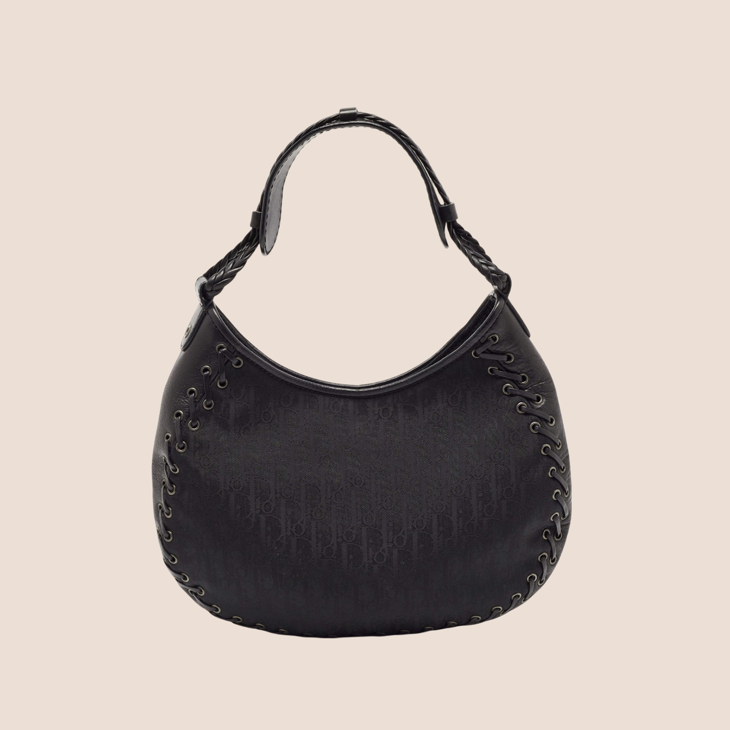 CHRISTIAN DIOR BLACK OBLIQUE NYLON & LEATHER HOBO BAG