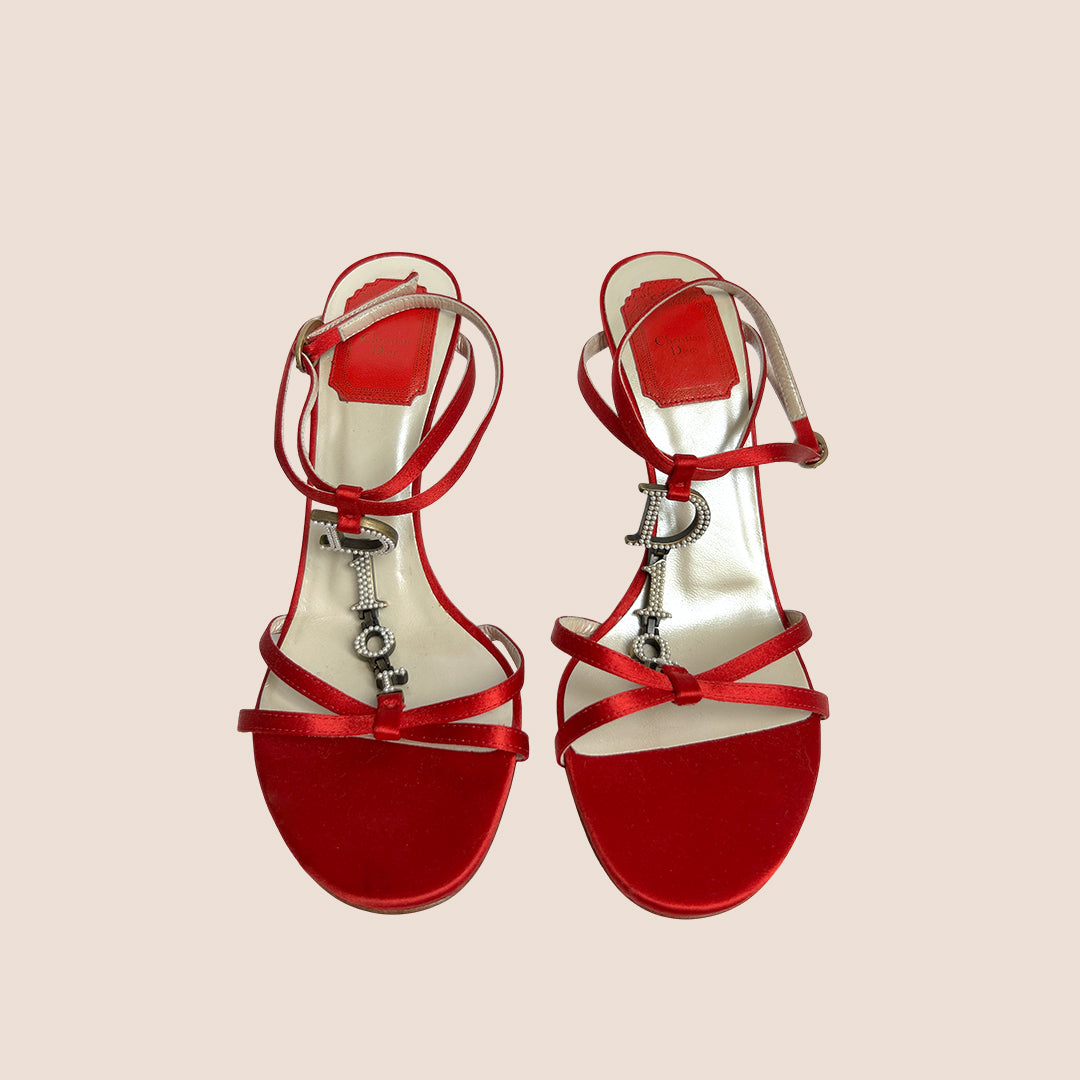 CHRISTIAN DIOR RED SATIN PEARL CHAIN STRAP SANDALS