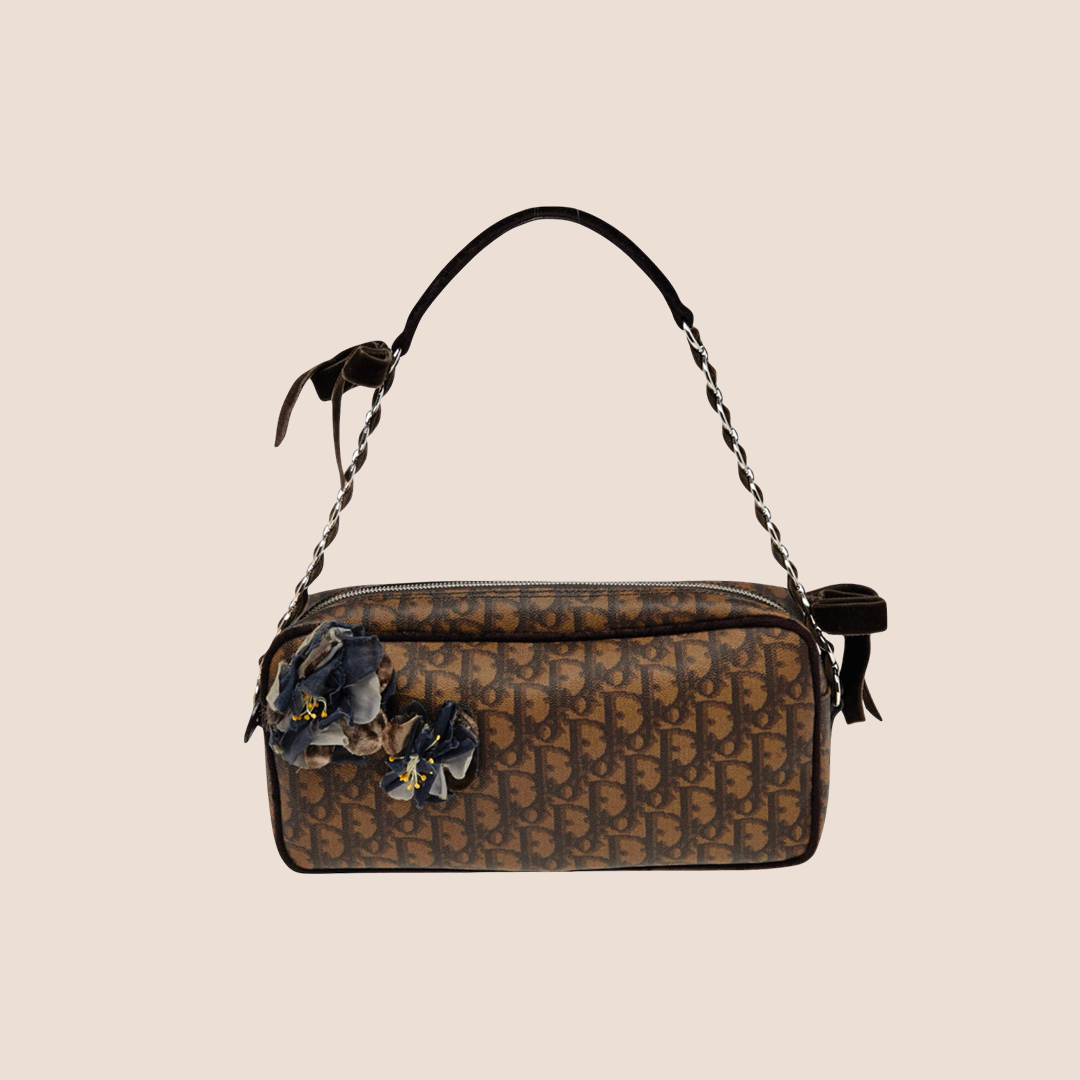 CHRISTIAN DIOR BROWN TROTTER ROMANTIQUE FLORAL BOSTON BAG