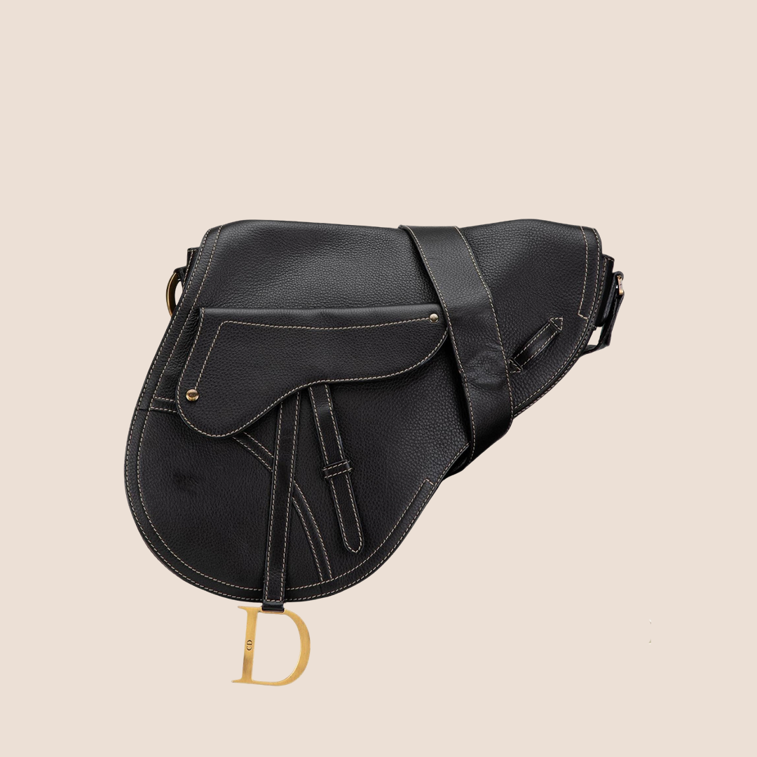 CHRISTIAN DIOR 2002 BLACK LEATHER MESSENGER SADDLE BAG