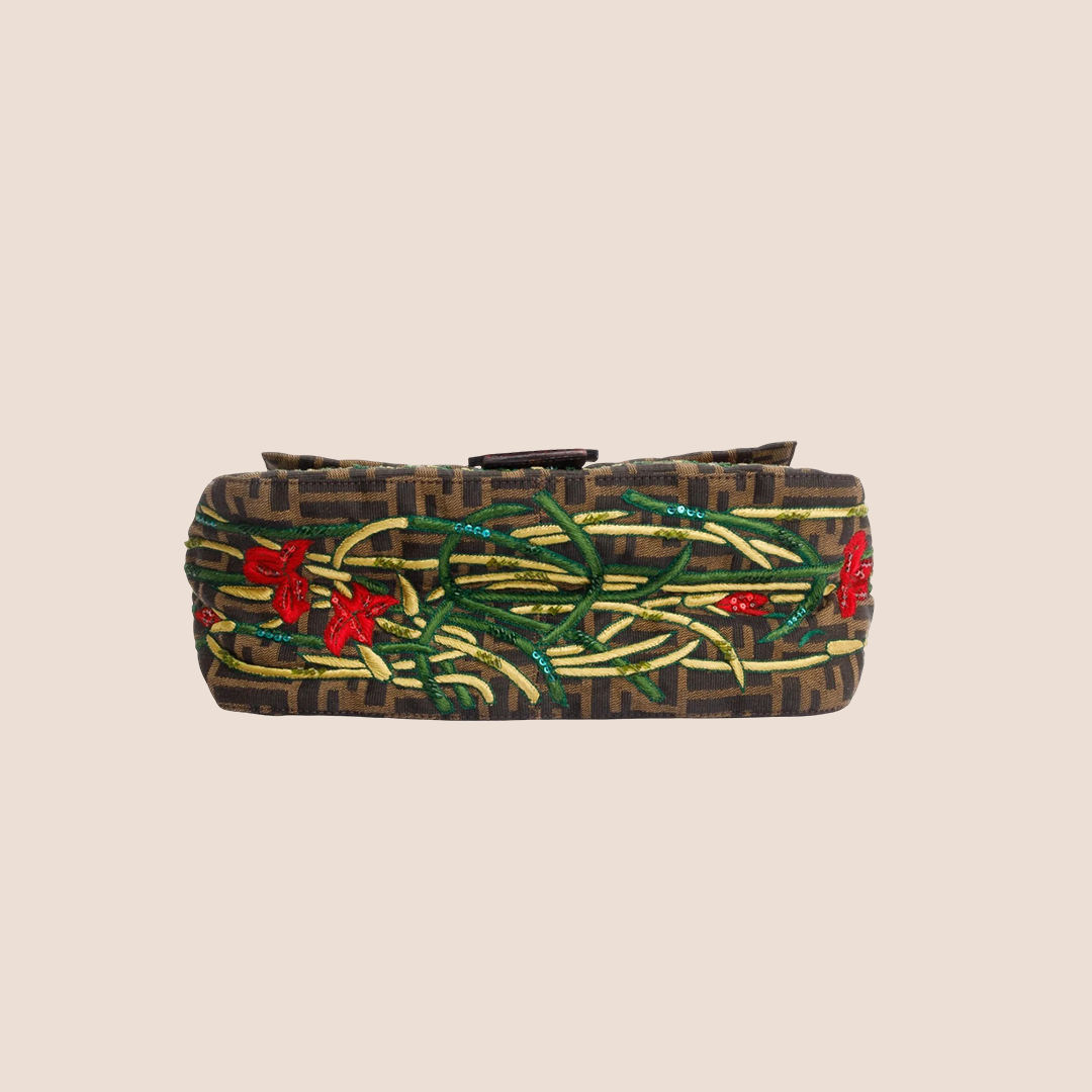 FENDI 2000 RED & BROWN PONYHAIR EMBROIDERED MAMMA BAGUETTE