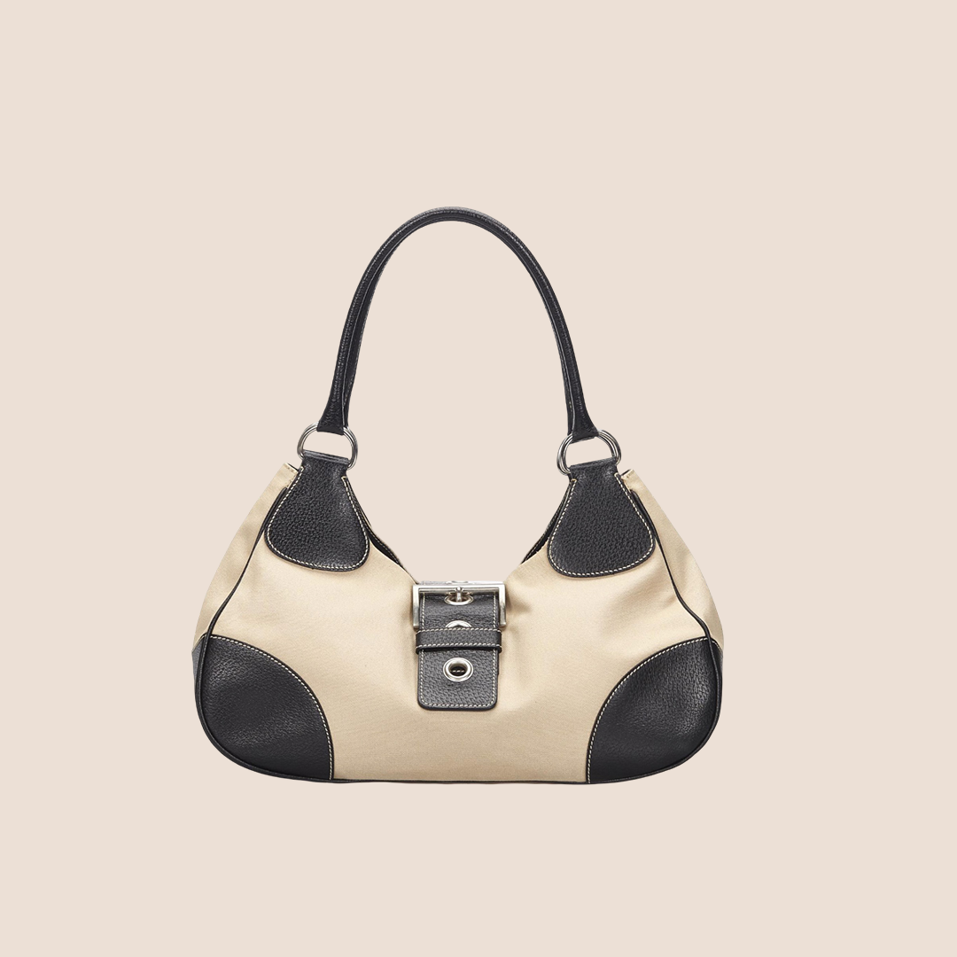 PRADA BEIGE & BROWN NYLON & LEATHER BUCKLE MOON BAG – RDB
