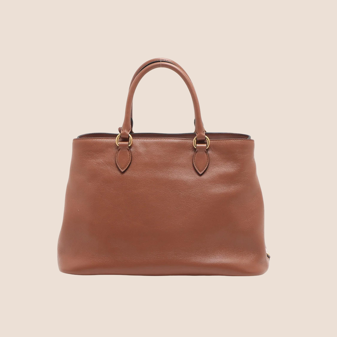 PRADA BROWN CALFKSKIN EMBOSSED LOGO TOTE BAG