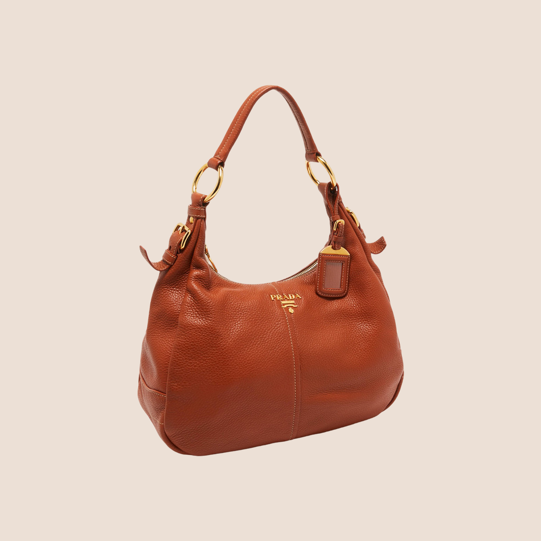 PRADA BROWN VITELLO DAINO LEATHER ZIP HOBO BAG