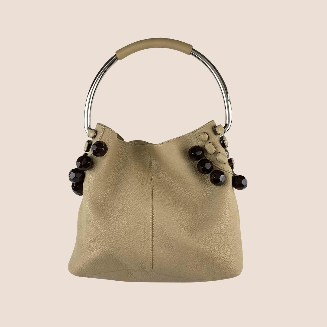 PRADA 2003 OVERSIZED BEADED BEIGE LEATHER HOOP BAG