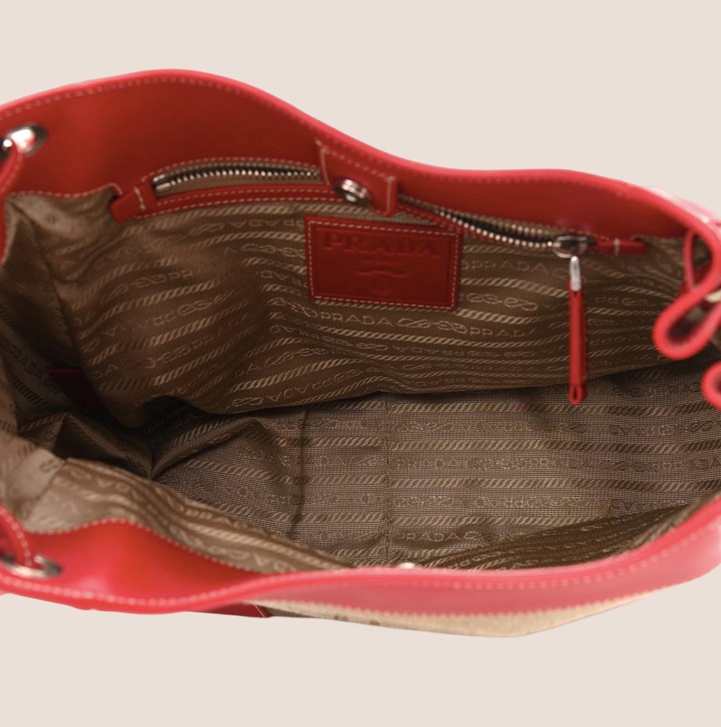 PRADA RED LEATHER JACQUARD LOGO HOBO BAG