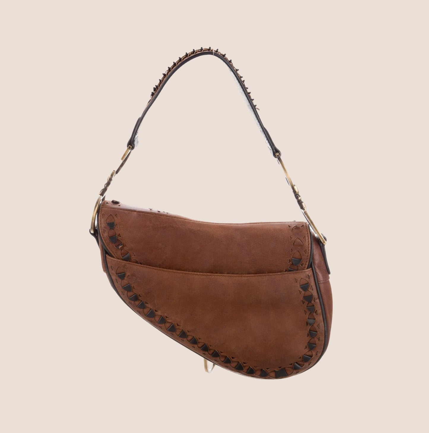 CHRISTIAN DIOR BROWN LEATHER FLORAL LASER CUT SADDLE BAG