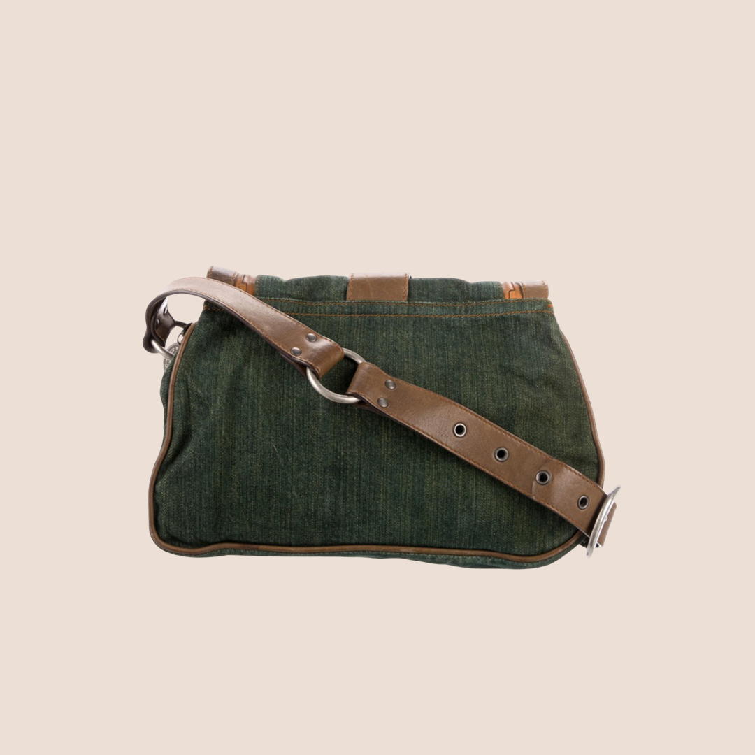 CHRISTIAN DIOR 2008 WASHED DENIM KHAKI LEATHER DOUBLE MINI GAUCHO SADDLE BAG