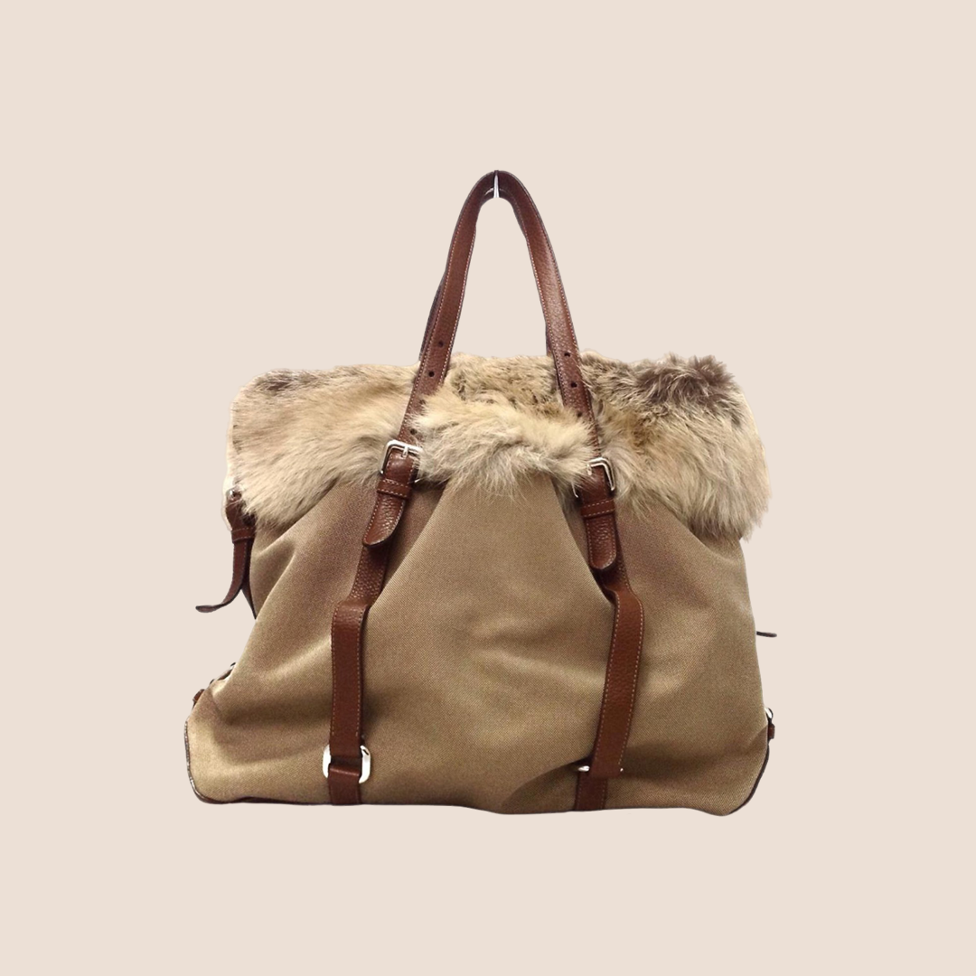 PRADA BROWN JACQUARD LOGO FUR TRIM TOTE BAG