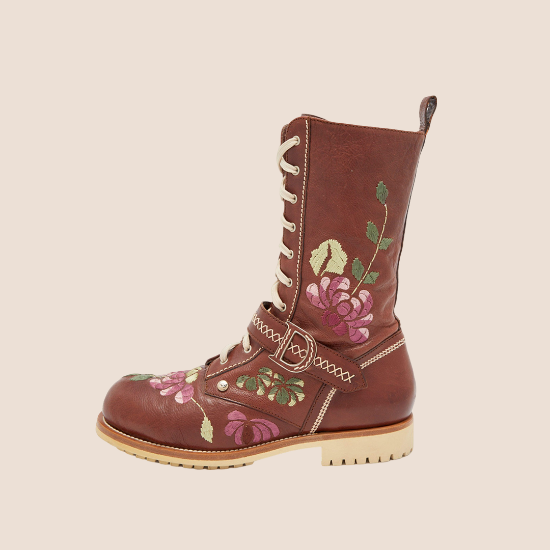 CHRISTIAN DIOR BROWN FLORAL & BUTTERFLY EMBROIDERED COMBAT BOOTS – RDB