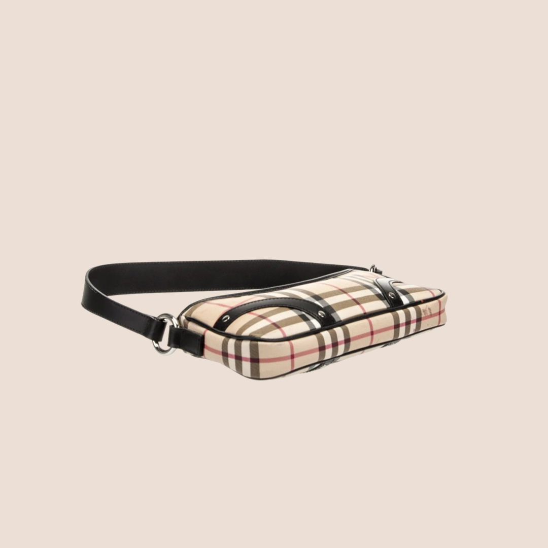 BURBERRY NOVA CHECK BLACK LEATHER TRIM BAGUETTE BAG