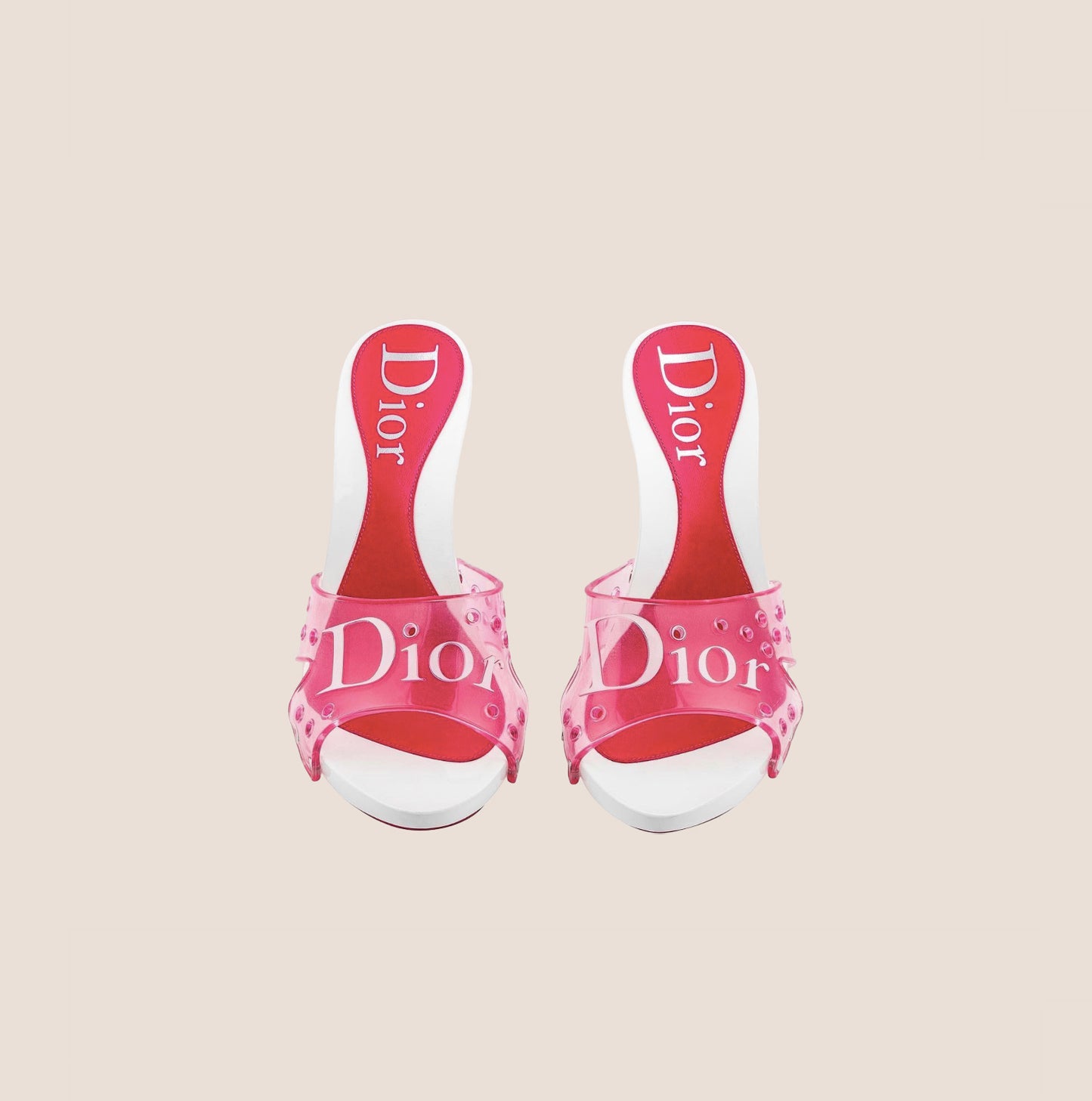 CHRISTIAN DIOR WHITE & PINK PVC LOGO PLATFORM MULES
