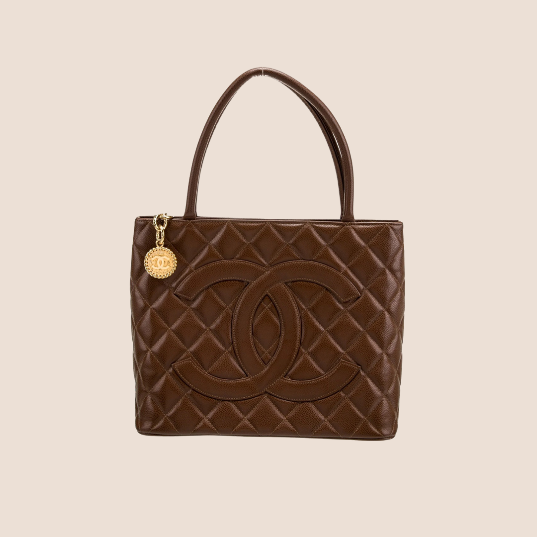 CHANEL 1999 BROWN LEATHER MEDALLION TOTE BAG